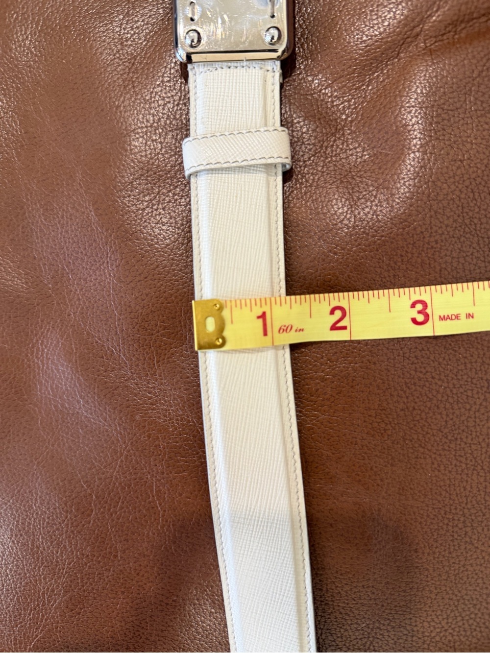 Prada Cream Saffiano Leather Womens Belt with Silver Plaque - Picture 9 of 10